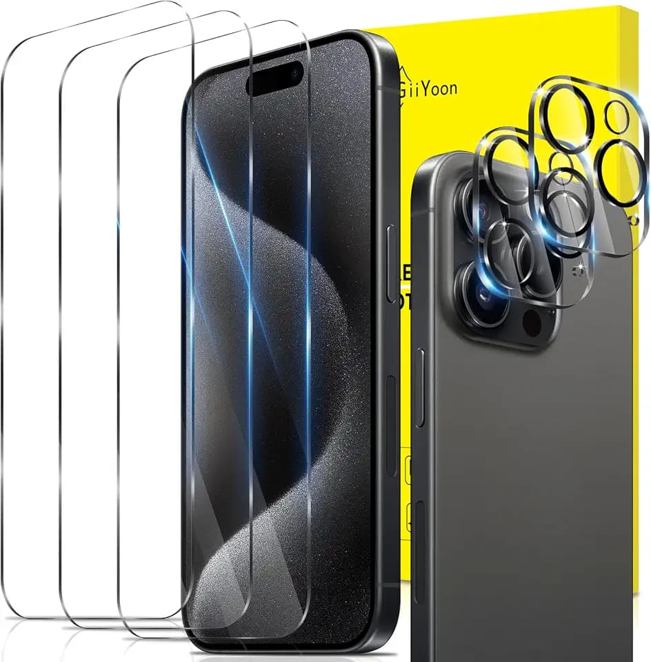 GiiYoon Panzer Schutz Glas für iPhone 15 Pro Max, 3 Stück Schutzfolie und 2 Stück Kamera Schutzglas, 9H Härte, Ultra-klar Displayschutz, Anti-Bläschen, Anti-Kratzen