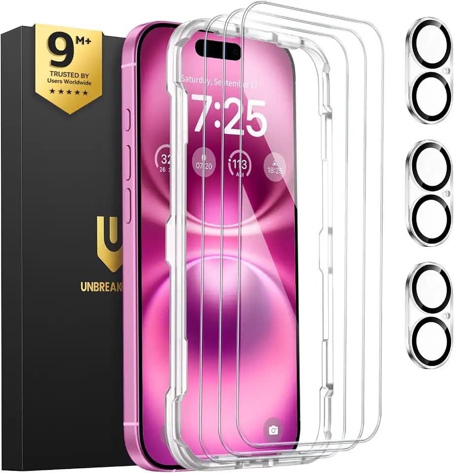 UNBREAKcable iPhone 16 Plus Panzerglas Schutzfolie 3 Stück, Verbessertes Doppelt Gehärtetes Glas + 3 Kamera Schutz, Military-Grade 9H Härte, HD-klar, Anti-Fingerprint, Hüllenfreundlich, 6,7 Zoll