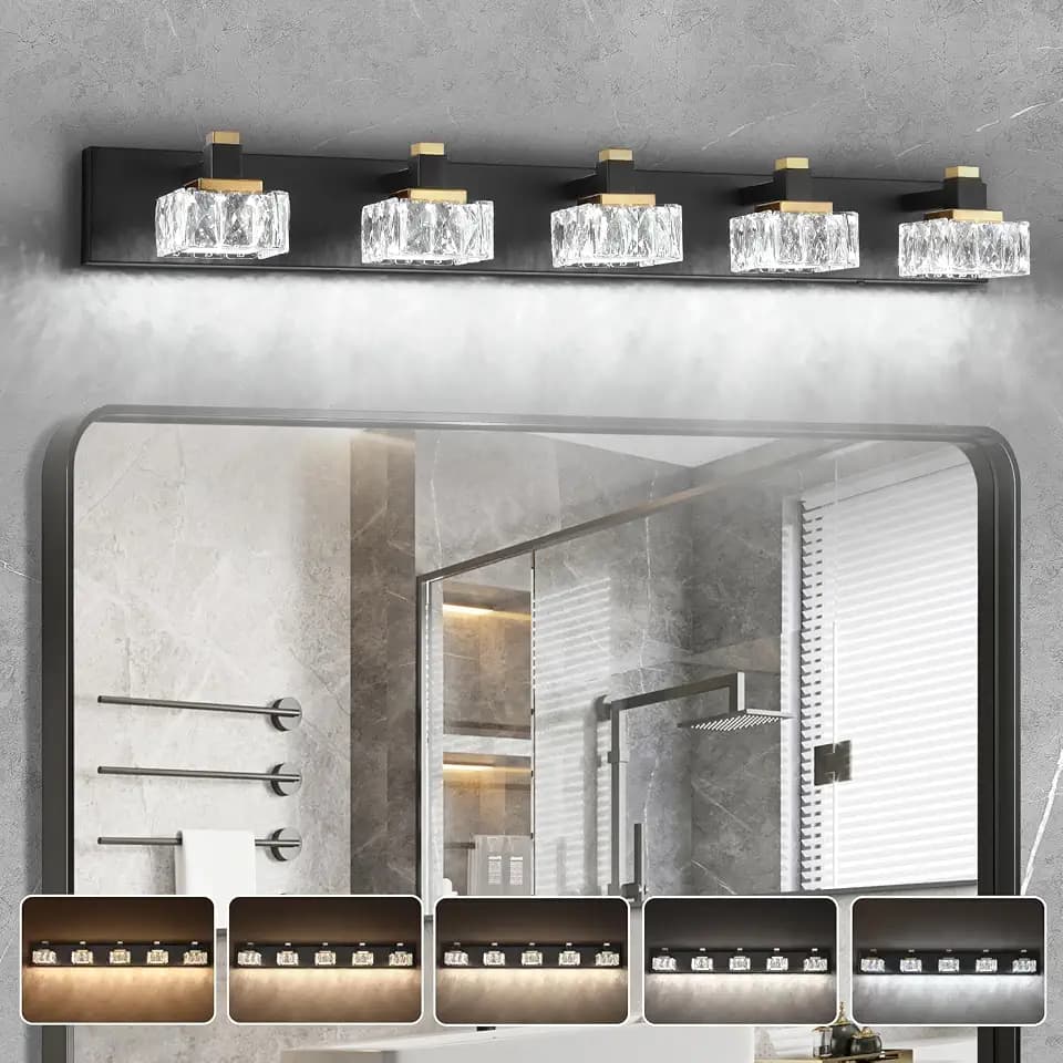 SineRise Bathroom Vanity Lights Over Mirror,5-Light Dimmable 5CCT Led Vanity Lights Black Gold Crystal Wall Sconce Lighting 40 inches Modern Vanity Light for Bathroom,Bedroom,Living Room(3000K-6000K)