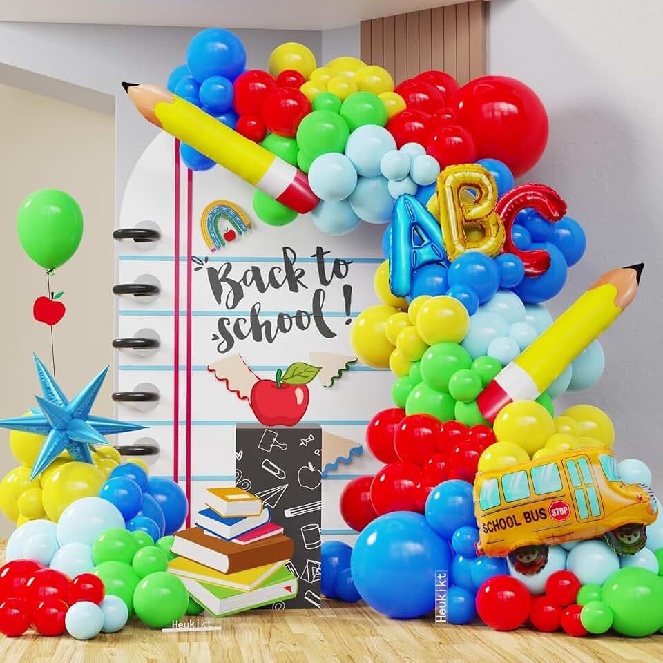 Back to School Party Decorations, 153Pcs Rainbow Balloons Garland Arch Kit with Pencil School Bus ABC Foil Balloons for Graduation First Day of School Kindergarten Classroom Party Supplies