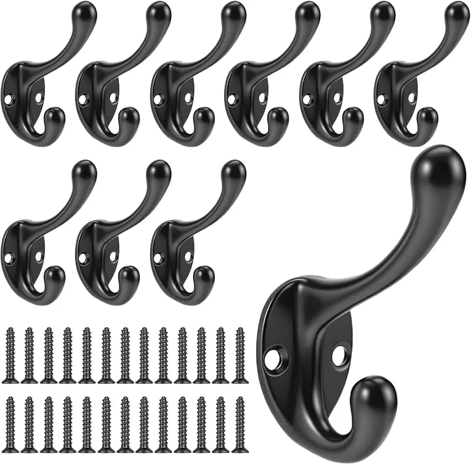 Black Coat Hooks for Wooden, 10 Pack Small Double Metal Hooks With Screws