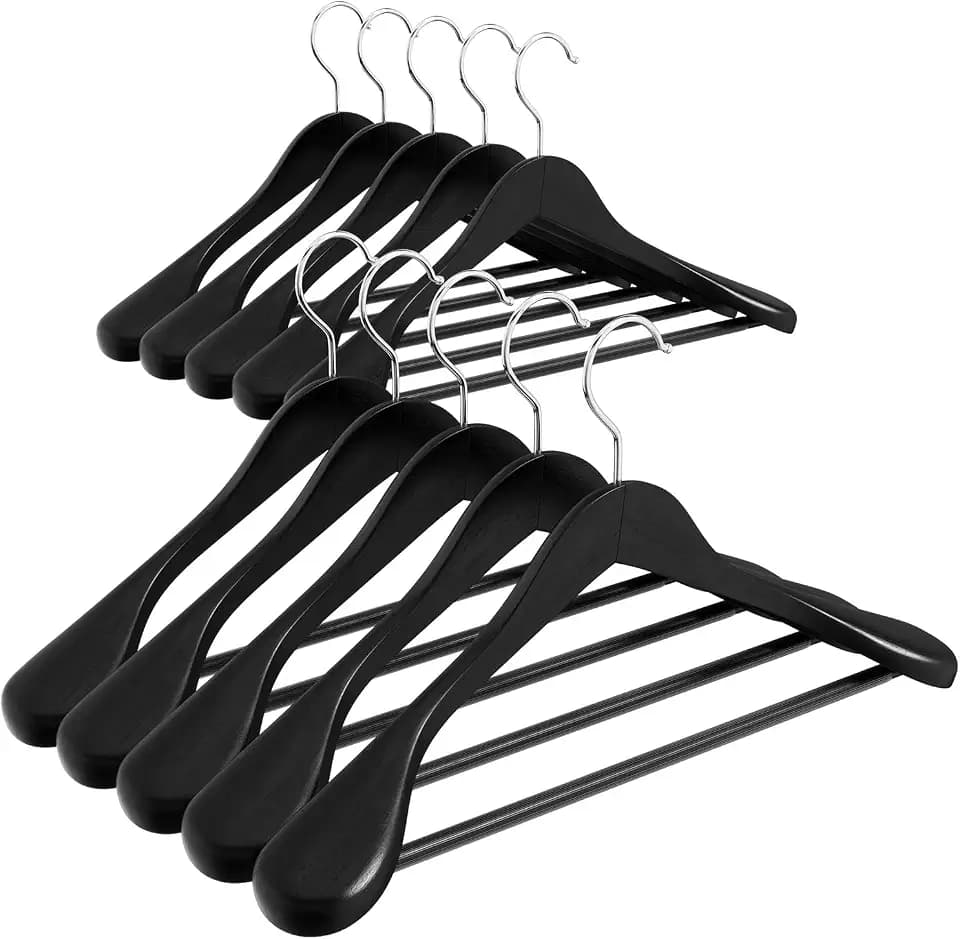 ABHENG Solid Wood Suit Hangers, 10 Pack, Coat Hangers with Non Slip Trouser Bar, 360° Swivel Hook, Heavy Duty Wide for Suit, Coat, Jacket, Trousers, Pants,17.3" W x 9" H, Black AWY0410B