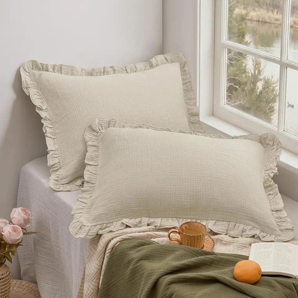 PHF Cotton Muslin Ruffle Pillow Shams King 20"x36", Natural, No Insert