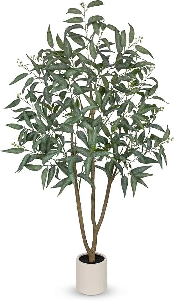 Eucalyptus Trees Artificial Indoor - 5FT Tall Faux Eucalyptus Plants in White Planter, Fake Plant Décor for Farmhouse Bedroom Office Room Hallway Decoration