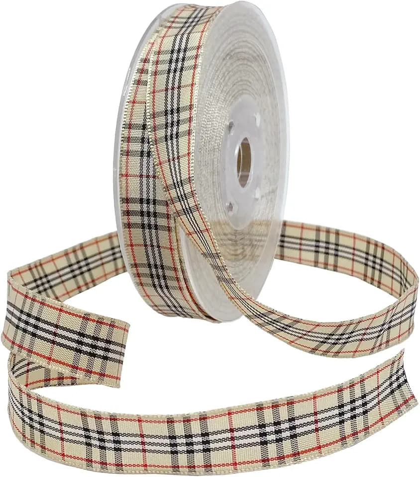 Morex BlackBerry Plaid Ribbon, 5/8-Inch by 22-Yard Spool, Natural