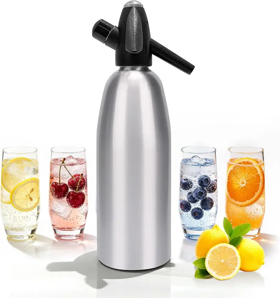 Soda Siphon, 1L Portable Seltzer Maker - Retro-Style Sparkling Water Machine for Homemade Carbonated Drinks, Juices & Cocktails, Uses 8g CO2 Cartridges (Cartridges Not Included) - Silver