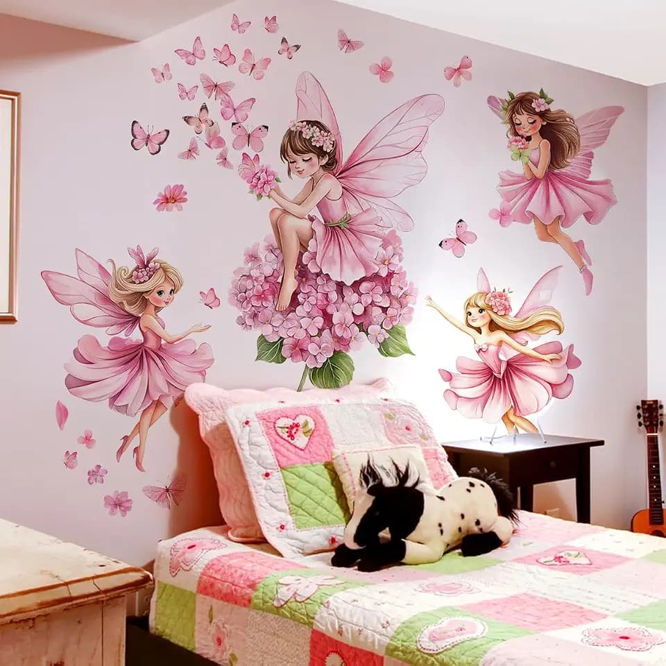 Fairy Girl Wall Sticker Pink Floral Wall Decal Peel and Stick Flower Butterfly Stickers Elves Wall Decal for Bedroom Princess Room Decor