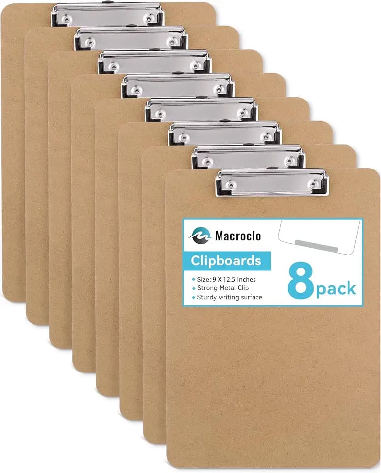 Wood Clipboards Set of 8, Letter Size Hardboard Clip Board 8.5x11