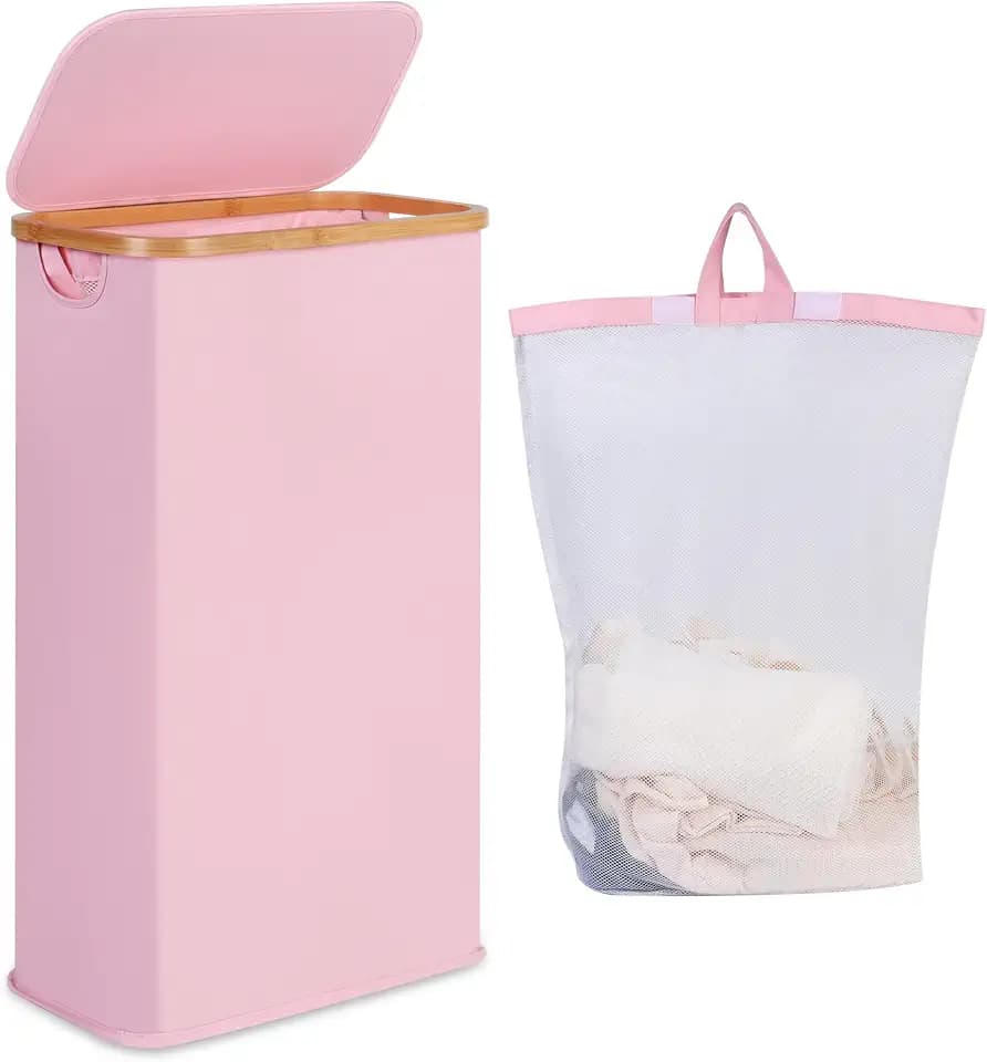 iEGrow 65L Slim Laundry Hamper, Narrow Laundry Basket with Lid,Foldable Clothes Hamper with Bamboo Handles,Hamper Basket with Removable Inner Bag for Laundry Room Bedroom College Dorm,17.17 Gals Pink