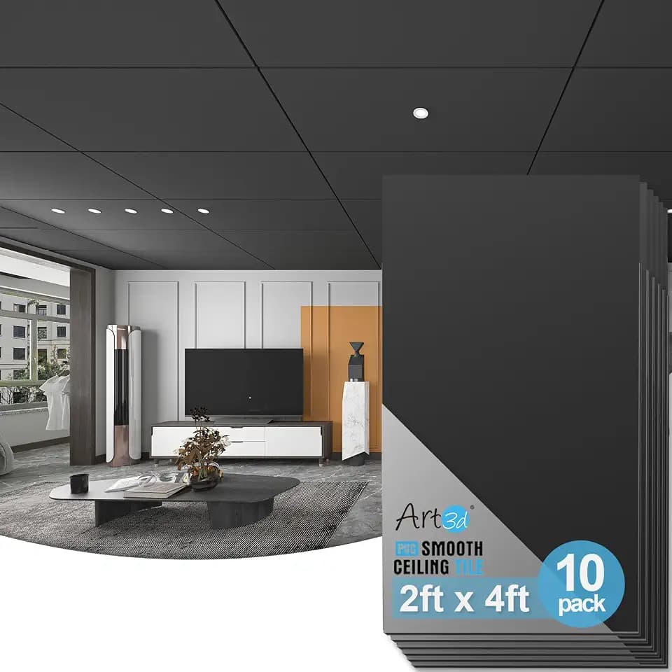 Art3d 10-Pack Smooth Drop Ceiling Tiles, No Sag and Breakage, Black