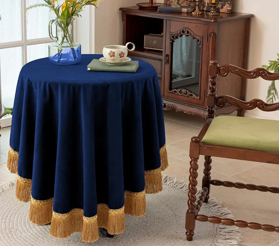 F-CHU 60 Inch Round Velvet Tablecloth, Navy Blue Decorative Table Cover with Gold Tassel Trim, Heavy Soft Plush Fabric, Vintage Home Decor for Dining Table, Party & Holiday 60" Round
