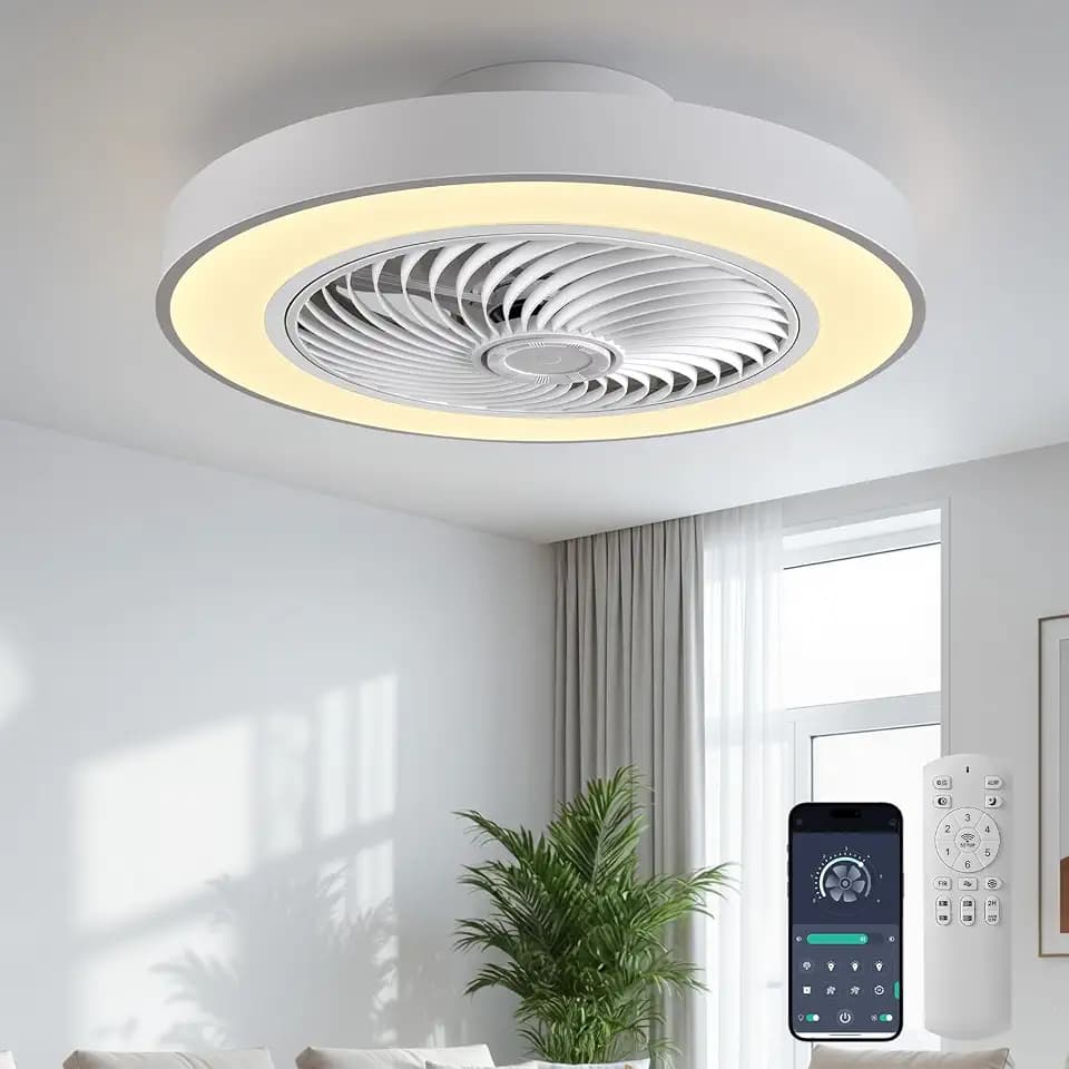 20" White Modern Ceiling Fan with Light, Enclosed & Easy Install