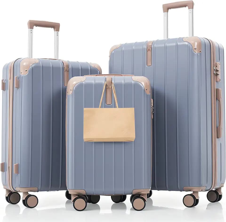 Hardside Luggage Sets, Lightweight Stripes Suitcase with Spinner Wheels, Blue