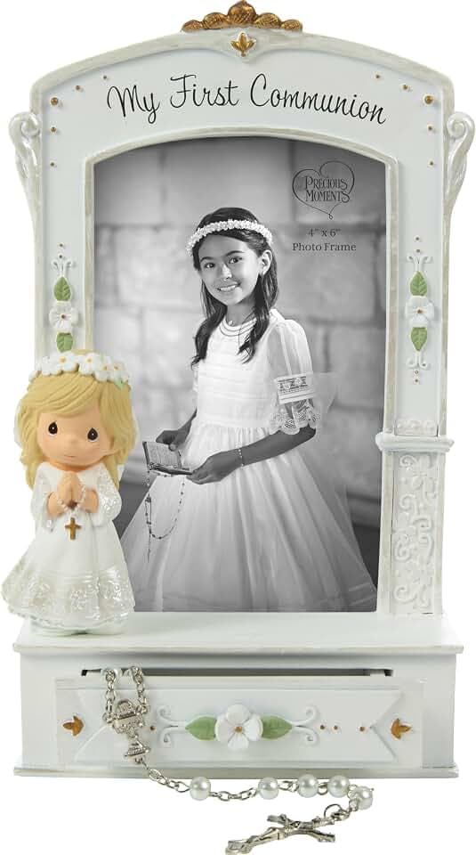 Precious Moments 252413 My First Communion Photo Frame with Storage Drawer and White Rosary, Resin and Glass Picture Frame, Holds 4 x 6 in Photo, Catholic Communion Gift