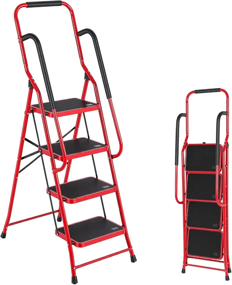 Step Ladder 4 Step Folding with Handrails, Folding Step Stool with Wide Anti-Slip Pedal, Sturdy Steel Portable Ladder, Lightweight Step Stool Foldable for Library Home Garage Office, Red