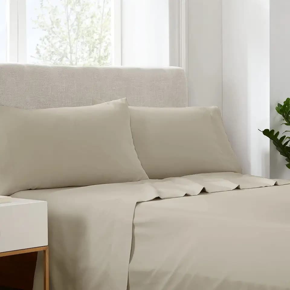 Serta Simply Clean Super Soft Hypoallergenic Stain Resistant Deep Pocket 3 Pieces Solid Bed Sheet Set, Twin XL, Khaki