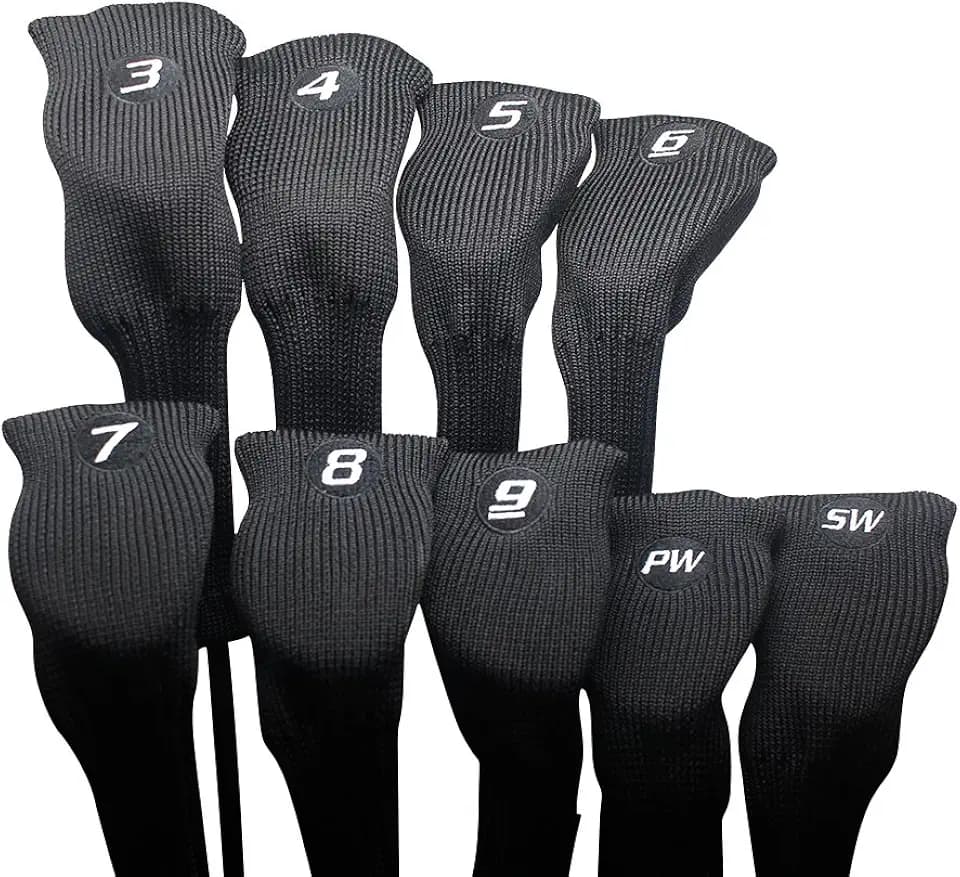 Majek All Hybrid Golf Club Black Sleek Tight Fit Headcover Set 3-SW Acrylic Head Covers 3 4 5 6 7 8 9 PW SW (Total of 9 Hybrid Head cover Set)