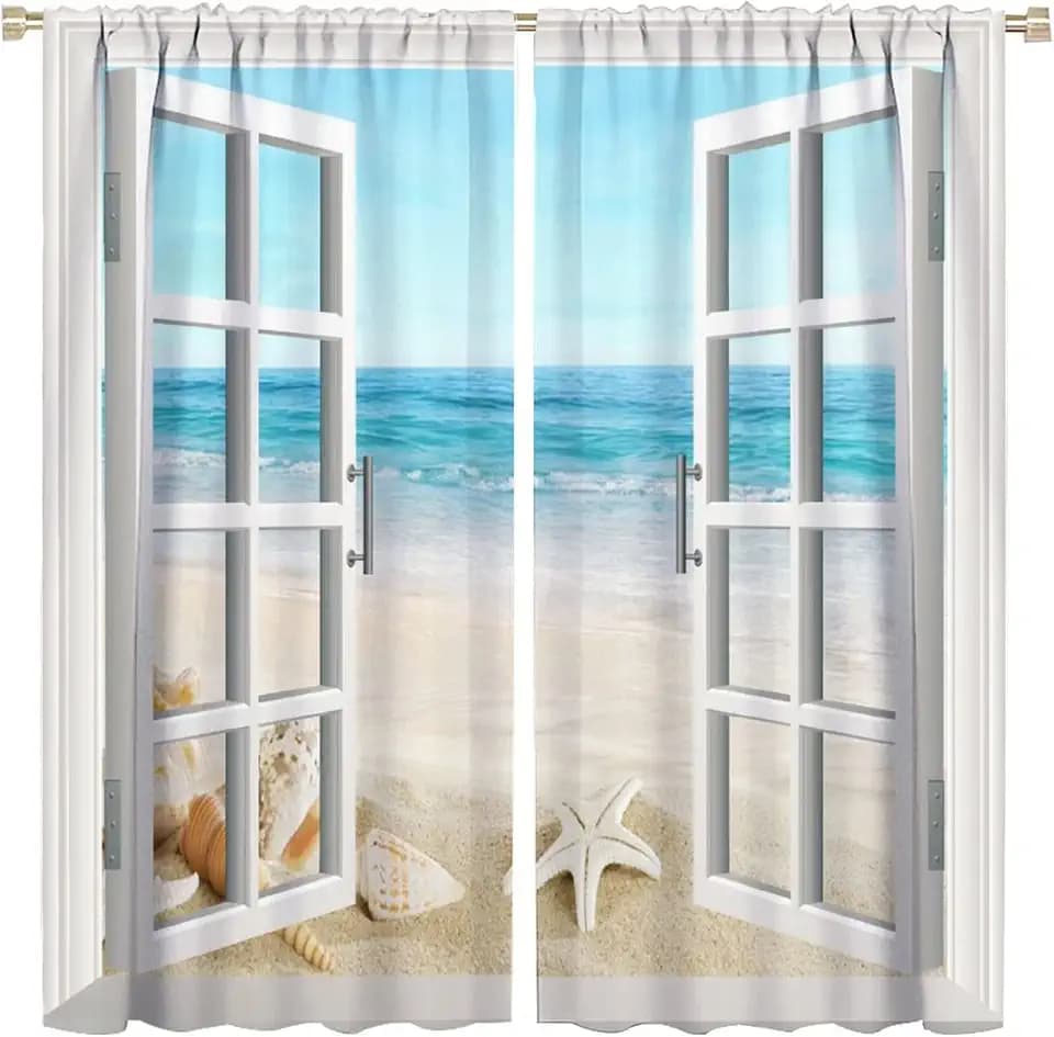 JESTRONRY Ocean Beach Window Curtains,Tropical Summer Starfish Seashell Blackout Rod Pocket Window Door Curtains for Bedroom Living Room Bathroom Home Decor,2 Panels W42xL45in