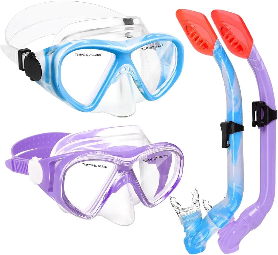 2 Sets Snorkeling Gear for Kids, Kids Snorkel Set for Ages 6-14, Dry Top Snorkel Mask Set for Youth Boys Girls Junior, Tempered Glass Diving Swimming Mask Goggles