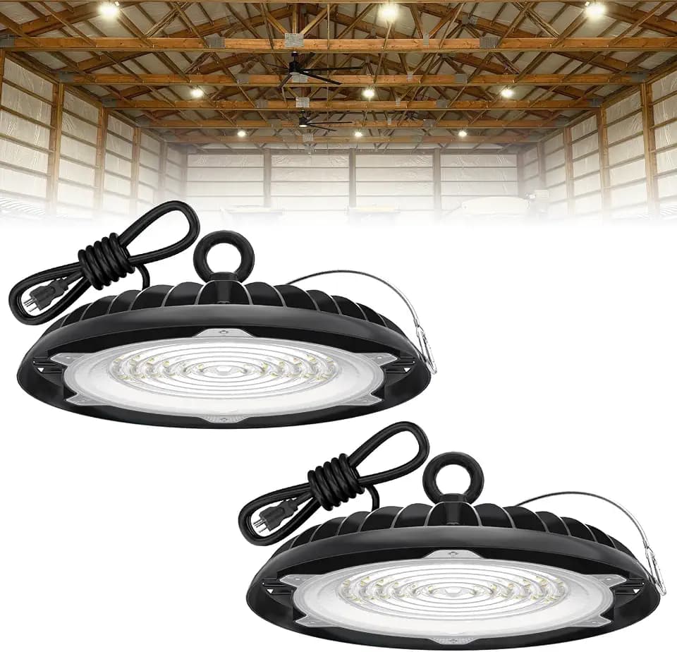 HYPERLITE High Bay Lights Commercial: 150W Hi Bay LED Shop Lights for Workshop - Waterproof UFO Light for Damp Places 2-Pack