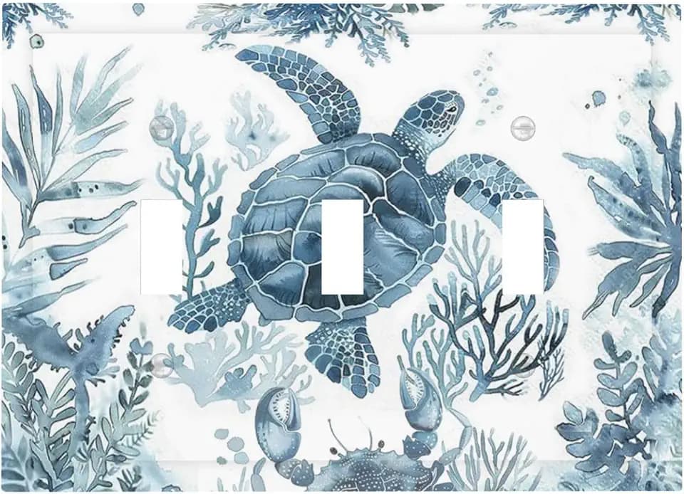 Blue Sea Turtle Coastal Coral Beach Crab Seaweed Decorative Switch Plates 3 Gang Wall Plate Triple Toggle Light Switch Cover Faceplate Electrical Wall Panels for Kids Room Bathroom Decor