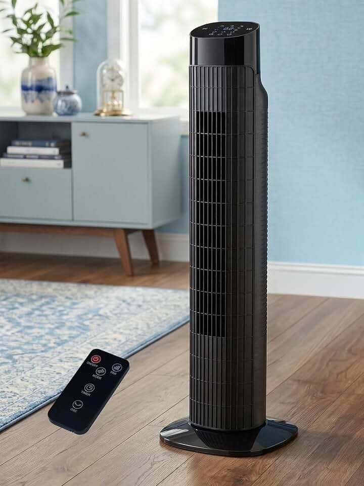 Uthfy Tower Fan for Bedroom, 120° Oscillating Standing Fan with Quiet Sleep Mode, 3 Speeds & 3 Modes, 7.5H Timer, Remote/Touch Control, Bladeless Floor Fans for Living Room, Office, Charcoal Black