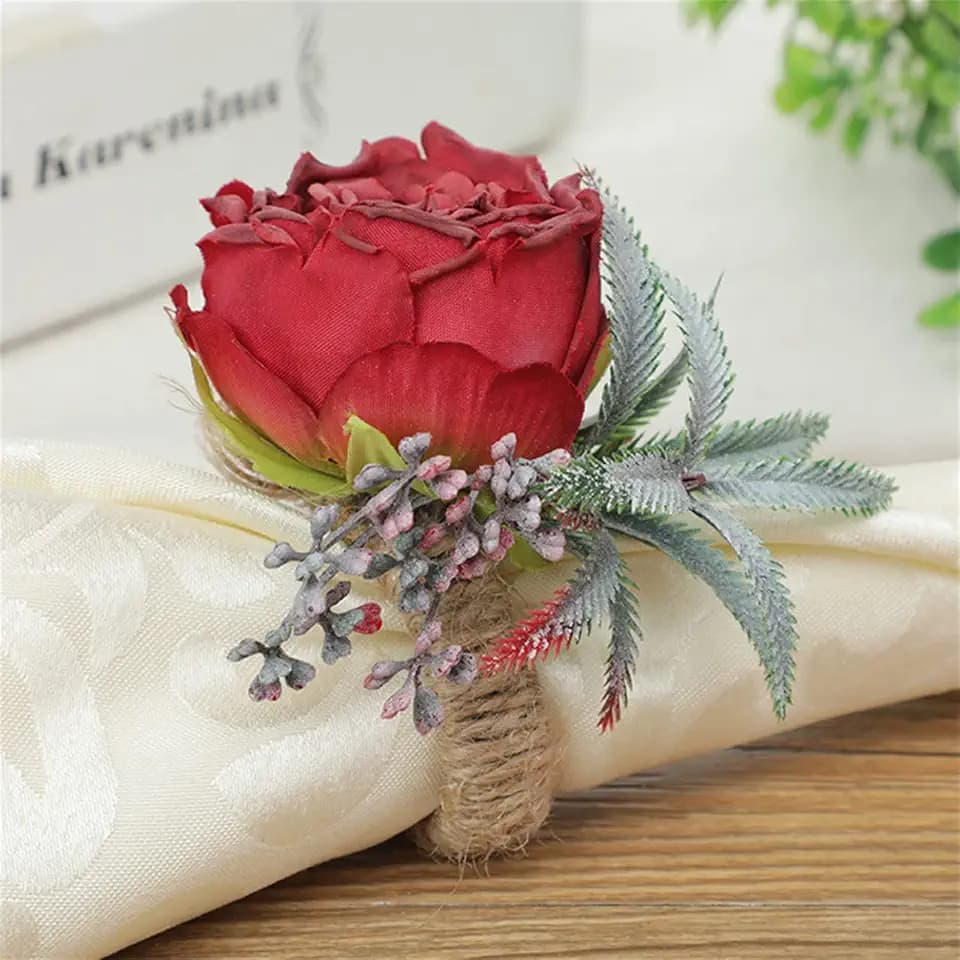 Floral Napkin Rings Set of 6,Rustic Rose Napkin Rings Flower Dinner Napkin Holder for Table Decoration(26#RED)