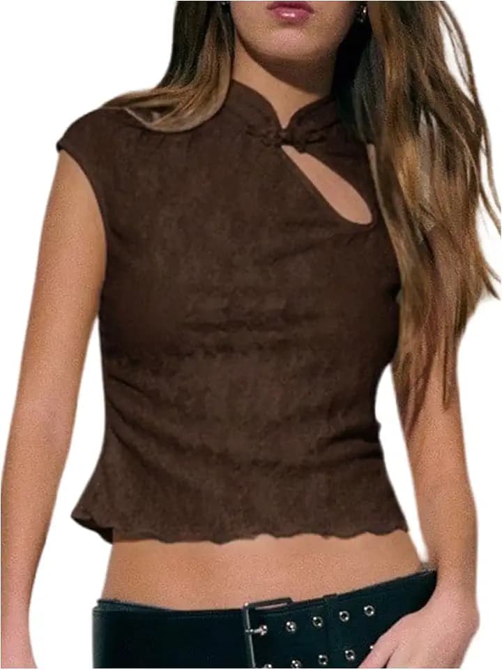 SweatyRocks Women's Floral Lace Cap Sleeve T Shirts Cut Out Mock Neck Fitted Cheongsam Tops Chocolate Brown Small