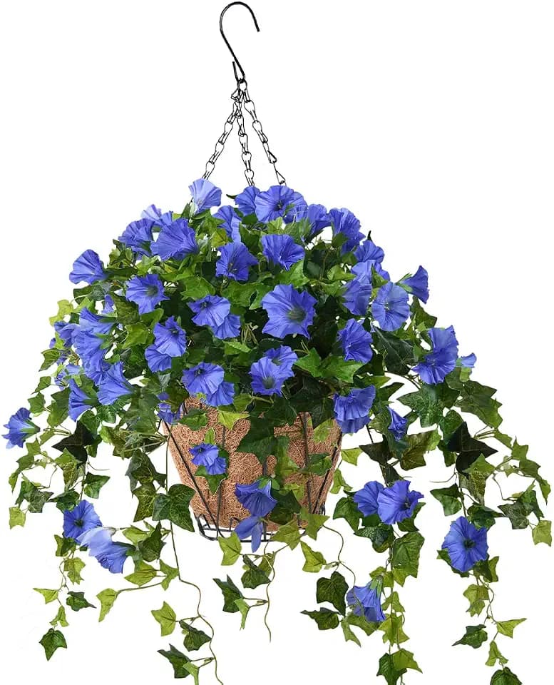 Homsunny Artificial Vine Silk Petunia Flowers, Fake Hanging Plant in Basket, Coconut Lining Pot Porch Decoration for Patio Lawn Garden Spring Summer Decor(Blue)