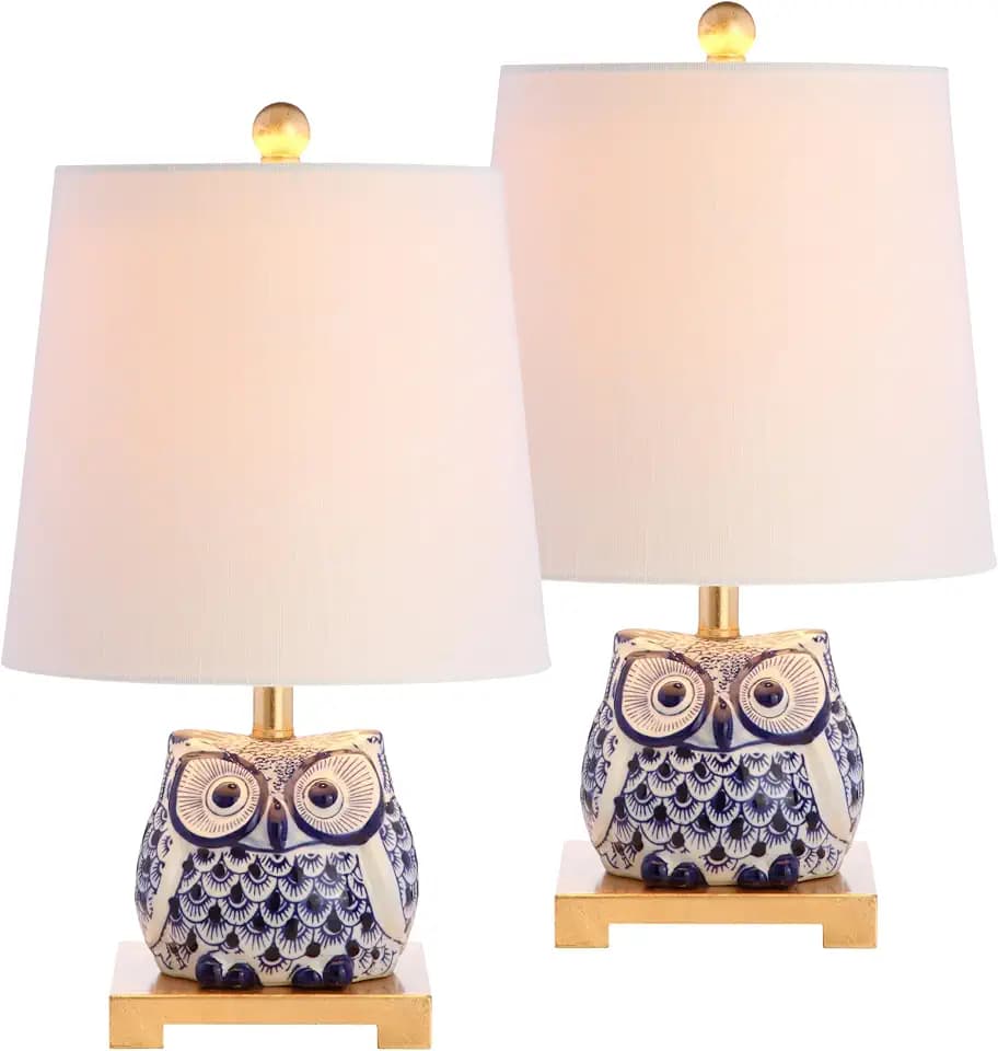 JONATHAN Y Justina Owl Mini Table Lamp 16" Ceramic, Blue/White, Set of 2