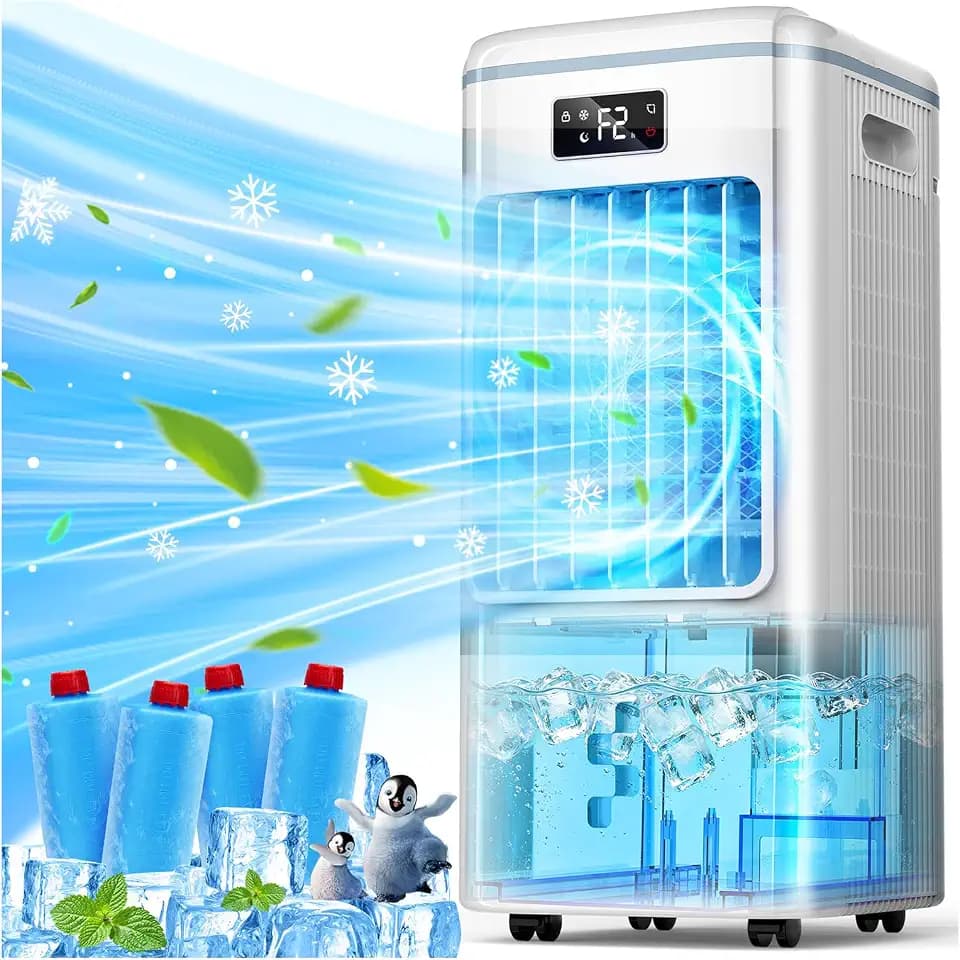 Portable Evaporative Air Cooler, Quiet Windowless Swamp Cooler with 4 Ice Packs, 2 Gallon Water Tank, Remote Control, 4 Modes & 3 Speeds, Oscillating Cooling Fan for Bedroom, Living Room and Office