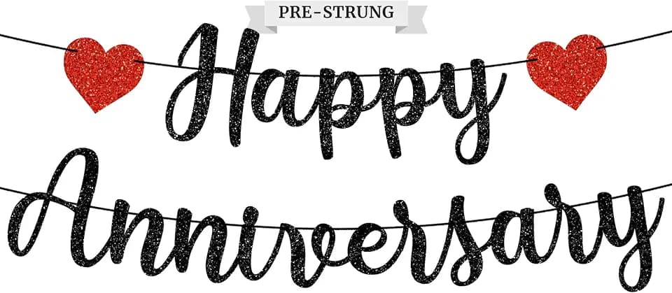 Pre-Strung Happy Anniversary Banner - Black Glitter Anniversary Banner