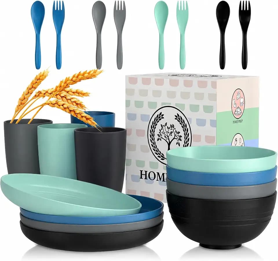 Homienly Unbreakable Plates and Bowls Sets 20 PCS Wheat Straw Dinnerware Sets Microwave & Dishwasher Safe Plate Set Kids Plastic Plates Camping Dish Set, Salad, Hamburger, Pizza-Nightscape