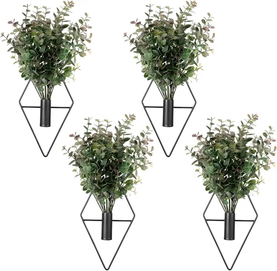 4 Pcs Hallway Decor Hanging Planters, Artificial Eucalyptus Wall Plants with Modern Geometric Design, Black Boho Wall Decor for Indoor Spaces, Stylish Home Accent for Living Room, Hallway & Bedroom