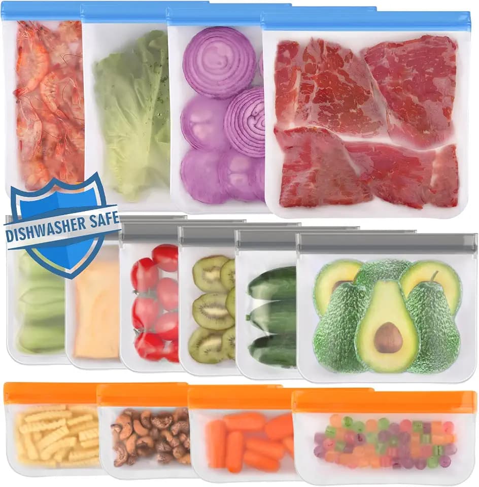 Lerine 14 Pack Reusable Freezer Bags Dishwasher Safe, Food Storage Bags