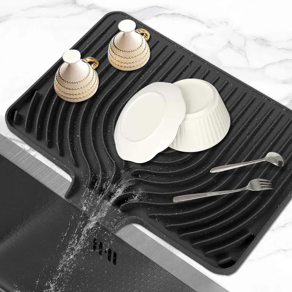 Dish Drying Mat for Kitchen Counter, with Built-in Drain Lip, Food-Grade Silicone, Easy Clean Pad for Countertop Protection, Multi-Functional Use (18 x12 Raised Sink, Black)