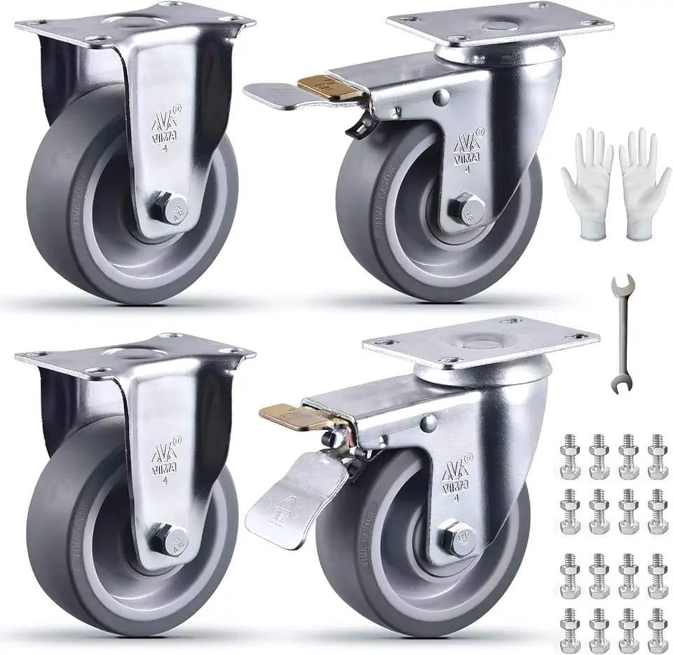 4 Inch Castets Set of 4 Heavy Duty Caster Wheels with Brake 2200Lbs Swivel Rigid TPR Rubber Wheel Silent Castor Locking Industrial Plate Casters Wheels for Cart Furniture Workbench, 2 Fixed & 2 Brake