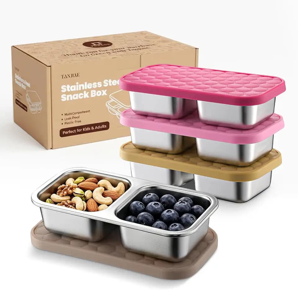 Tanjiae Stainless Steel Snack Box for Kids & Toddlers, Multi-Compartment, 10oz Small Leak Proof Food Containers with Silicone Lids - Reusable Metal Bento Box for Daycare, School, Travel, Camping