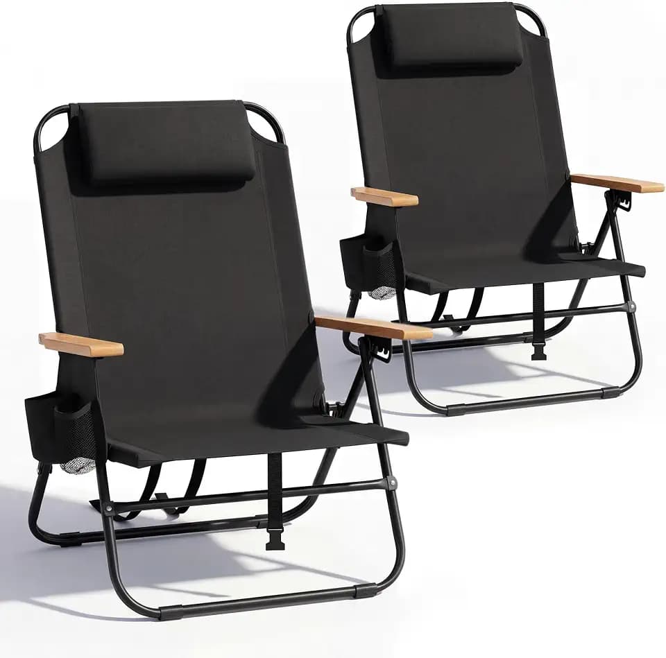 Cansky 2PCS Portable Beach Chair for Adults, Outdoor Lightweight Camping Chair with Wooden Desgin Armrests, 5-Position Reclining Flat Lay, Cup Holder, Zipper Pouch, Backpack, No Towel Rack, Black