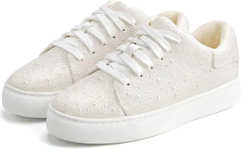 Suokdil Sparkly Rhinestone Sneakers for Women - Sparkle Fashion Bedazzled Platform Tennis Shoes, Bling Glitter Sequin Shoe for Ladies Wedding Bride Party Concert Outfit