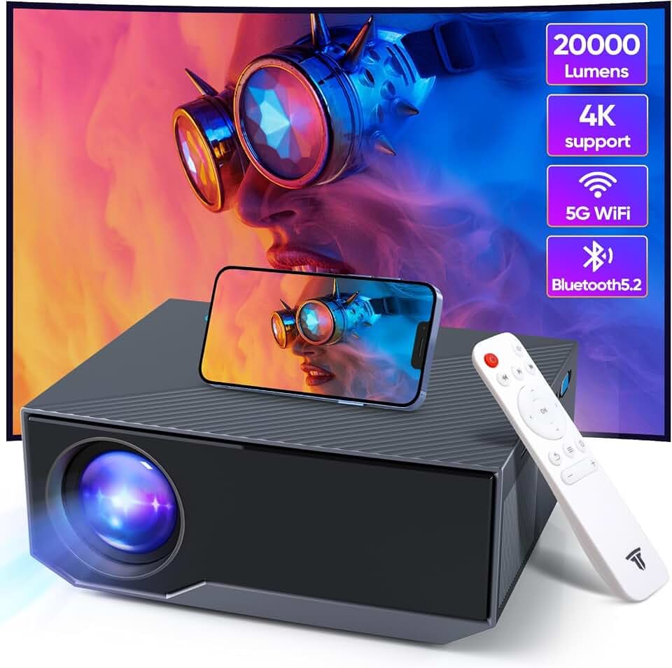 Neuer Beamer,4K-Unterstützung 5G WiFi projektor mit 20000 Lumen 300" Display Am Abend Outdoor Beamer Heimkino, kompatibel mit Smartphones/TV-Stick/PS5 /USB