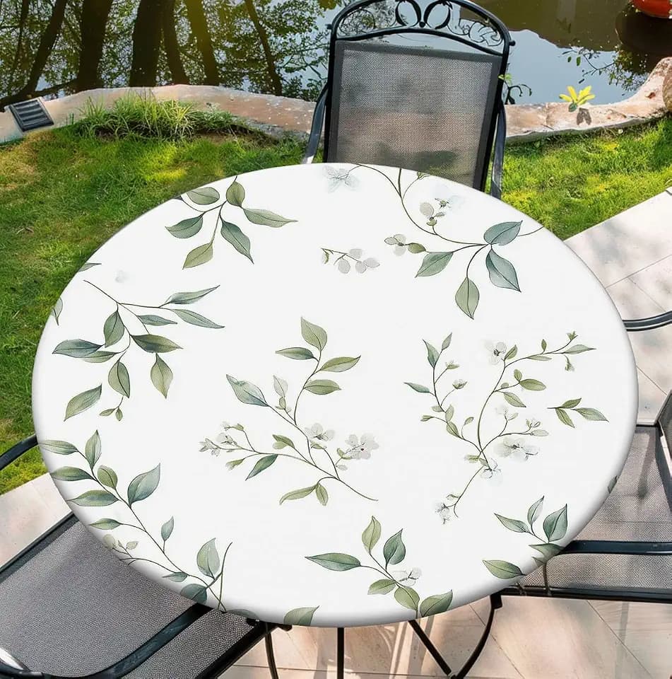 Round Tablecloth with Elastic Edge, 36-60Inch Waterproof Table Cloth for Dinner, Outdoor, Picnic, 52inch, Green Leaves