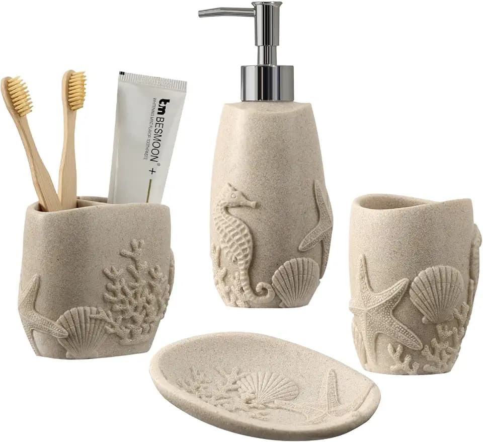 Bathroom Accessories Set, 4 PCS, Sea Bathroom Decor, Sandstone Look Beige