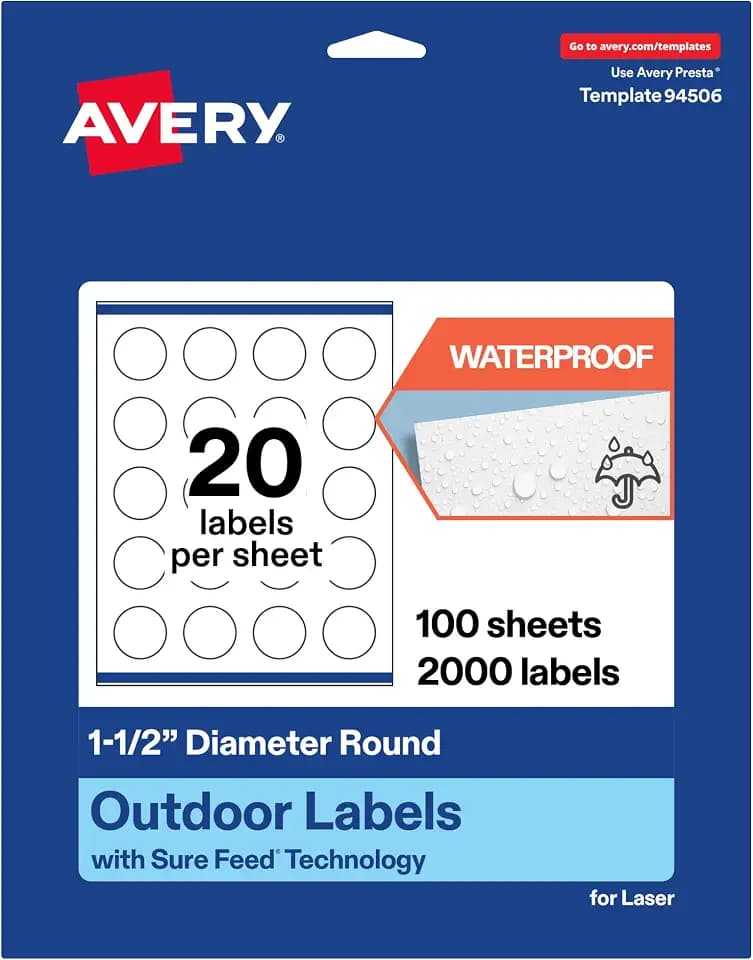 Avery Outdoor Waterproof Round Labels with Sure Feed Technology, 1.5" Diameter, White Film, Print-to-the-Edge, Compatible with Laser Printers, 2000 Labels Total