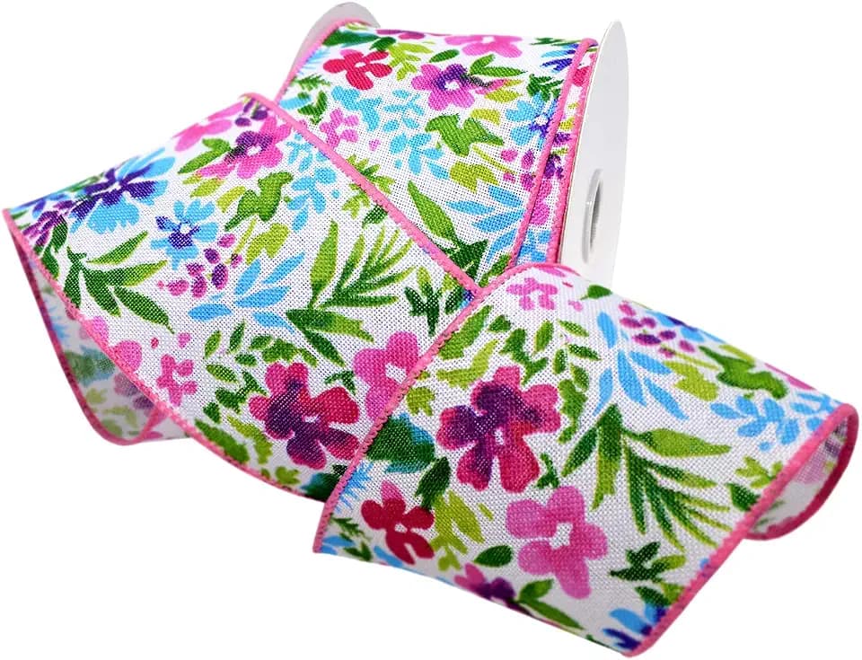 Morex Watercolor Flowers Ribbon, Wired Linen, 2.5 inch by 10 Yards, Multi-Color