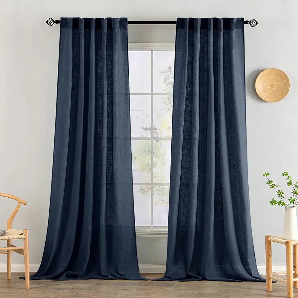MIULEE Navy Blue Linen Curtains 52x90 Inch 2 Panels for Bedroom Living Room