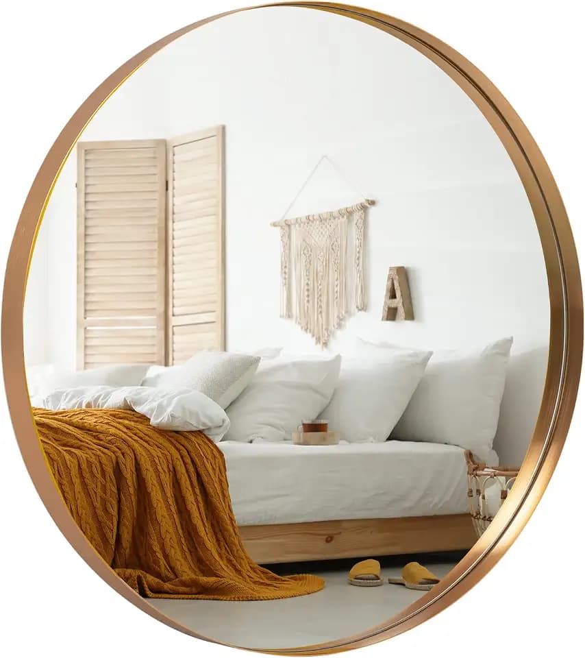 NeuType Round Mirror Circle Mirror 28 Inch Aluminum Alloy Frame Wall Mirror Large Vanity Hanging Decorative Mirrors for Entryway, Bathroom, Bedroom, Living Room (Golden, Recessed)
