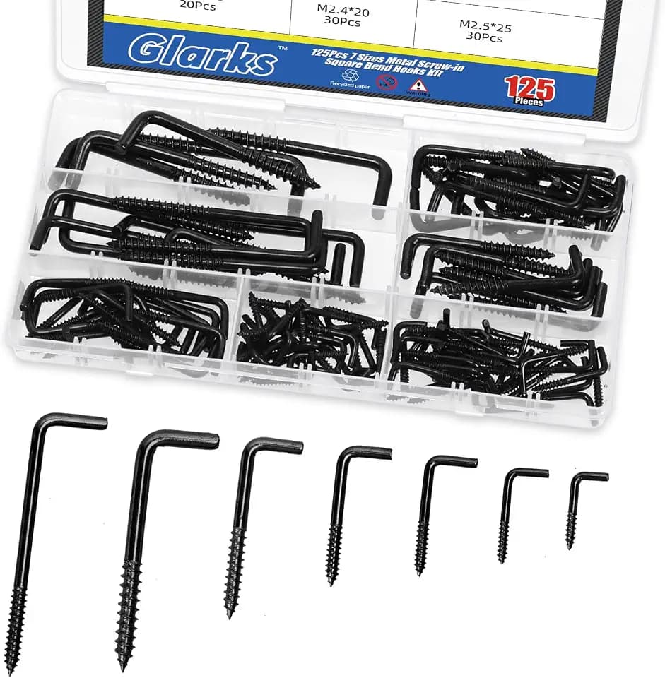 Glarks 125pcs M2.4/M2.5/M2.8/M3.4/M3.7/M3.8/M4.7 Black L Shaped Screw in Hooks kit, Carbon Steel Right-Angle Hooks, Square Bend Self-Tapping Hook for Cups,Lights and Utensils
