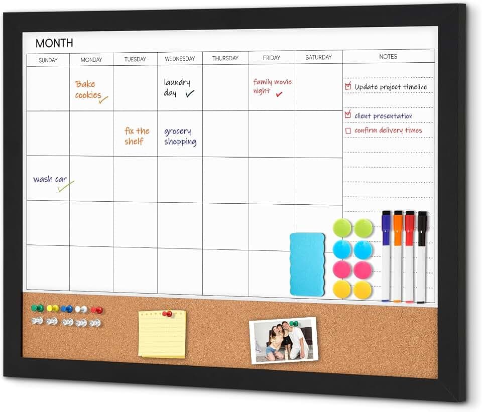 Calendar Whiteboard for Wall, 36" x 24" Dry Erase Monthly Cork White Board
