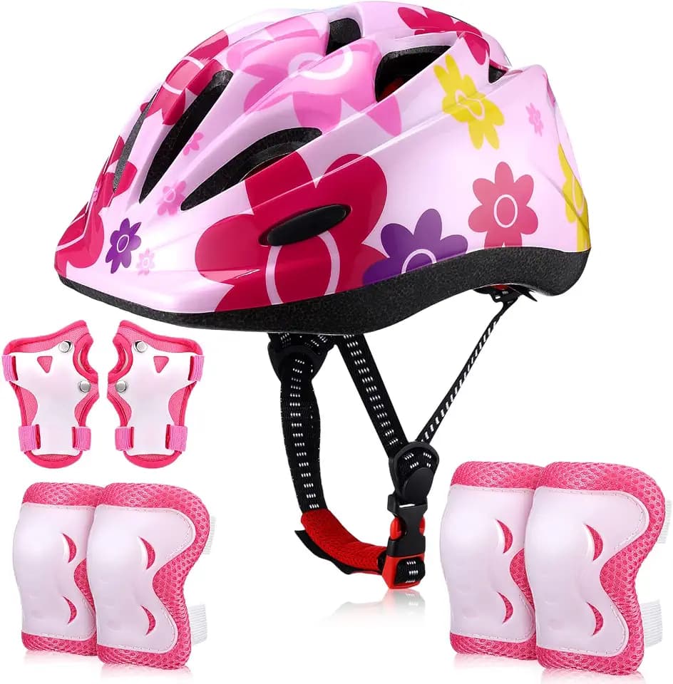 Relaxweex 7 Pcs Kids Helmet Adjustable for Kids Ages 3-8 Years Old Girls Boys Toddler Helmet with Protective Sports Gear Set Knee and Elbow Pads Wrist Guards Protect Set(Pink,Flower)